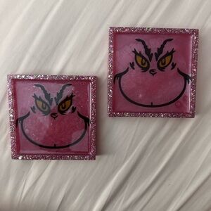 Epoxy resin Pink Grinch Coasters with Glitter Border